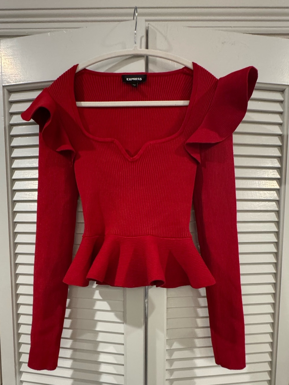 Express Red Ruffle Peplum Ribbed Long Sleeve Top